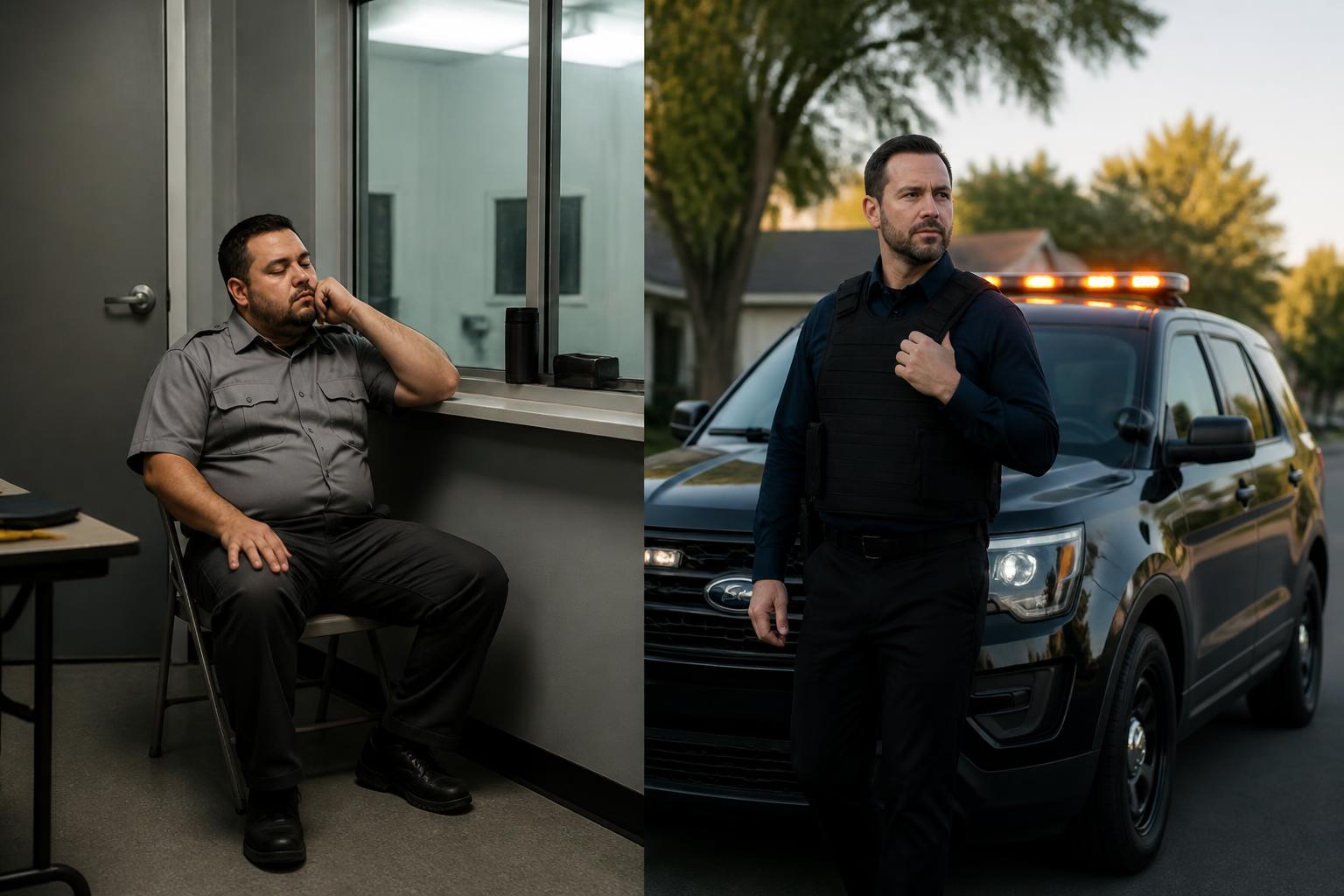 Security guard vs. security patrol comparison — fixed lobby guard on the left, marked patrol SUV mid-drive-by on the right