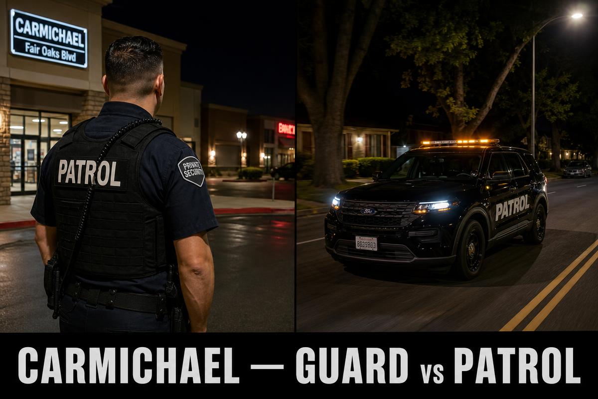 Carmichael security guard vs security patrol — licensed BSIS PPO private security guard in navy shirt and PATROL plate-carrier vest at a Carmichael Fair Oaks Blvd retail plaza beside marked black Ford Explorer patrol SUV with amber LED light bar driving under Carmichael's oak-lined streets on a Carmichael nightly tour