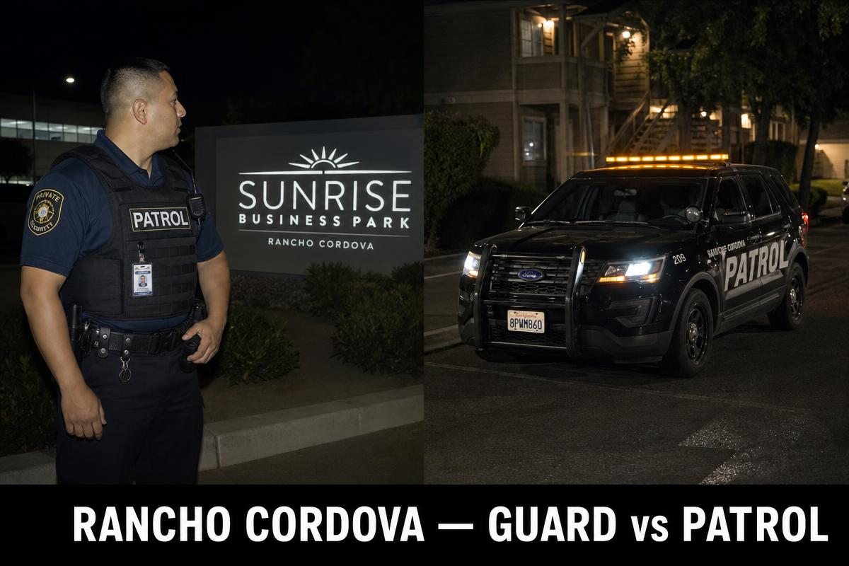 Rancho Cordova security guard vs security patrol — licensed BSIS PPO private security guard in navy shirt and PATROL plate-carrier vest at a Rancho Cordova business park entrance beside marked black Ford Explorer patrol SUV with amber LED light bar driving through a Rancho Cordova apartment complex on a Rancho Cordova nightly tour