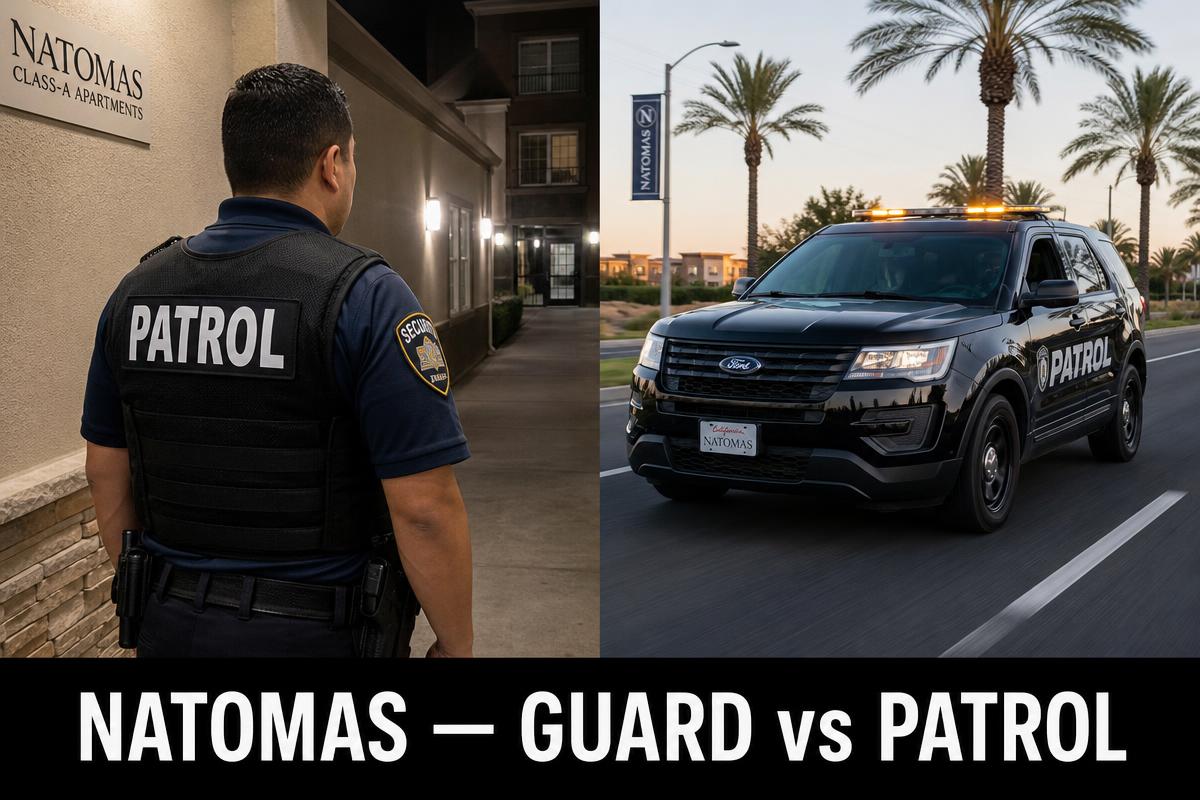 Natomas security guard vs security patrol — licensed BSIS PPO private security guard in navy shirt and PATROL plate-carrier vest at a Natomas Class-A apartment breezeway beside marked black Ford Explorer patrol SUV with amber LED light bar rolling down a Natomas palm-lined boulevard on a Natomas nightly tour
