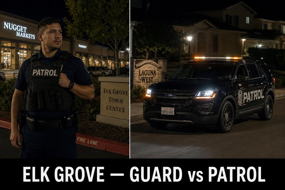 Elk Grove security guard vs security patrol — licensed BSIS PPO private security guard in navy shirt and PATROL plate-carrier vest at an Elk Grove Town Center plaza beside marked black Ford Explorer patrol SUV with amber LED light bar driving through the Laguna West neighborhood on a Elk Grove nightly tour