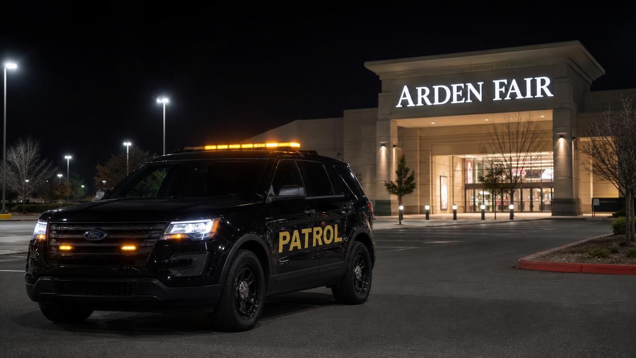 Retail security patrol near me Arden Fair Sacramento — Stormhammer SUV at Arden Fair Mall entrance, Arden Way, 95815