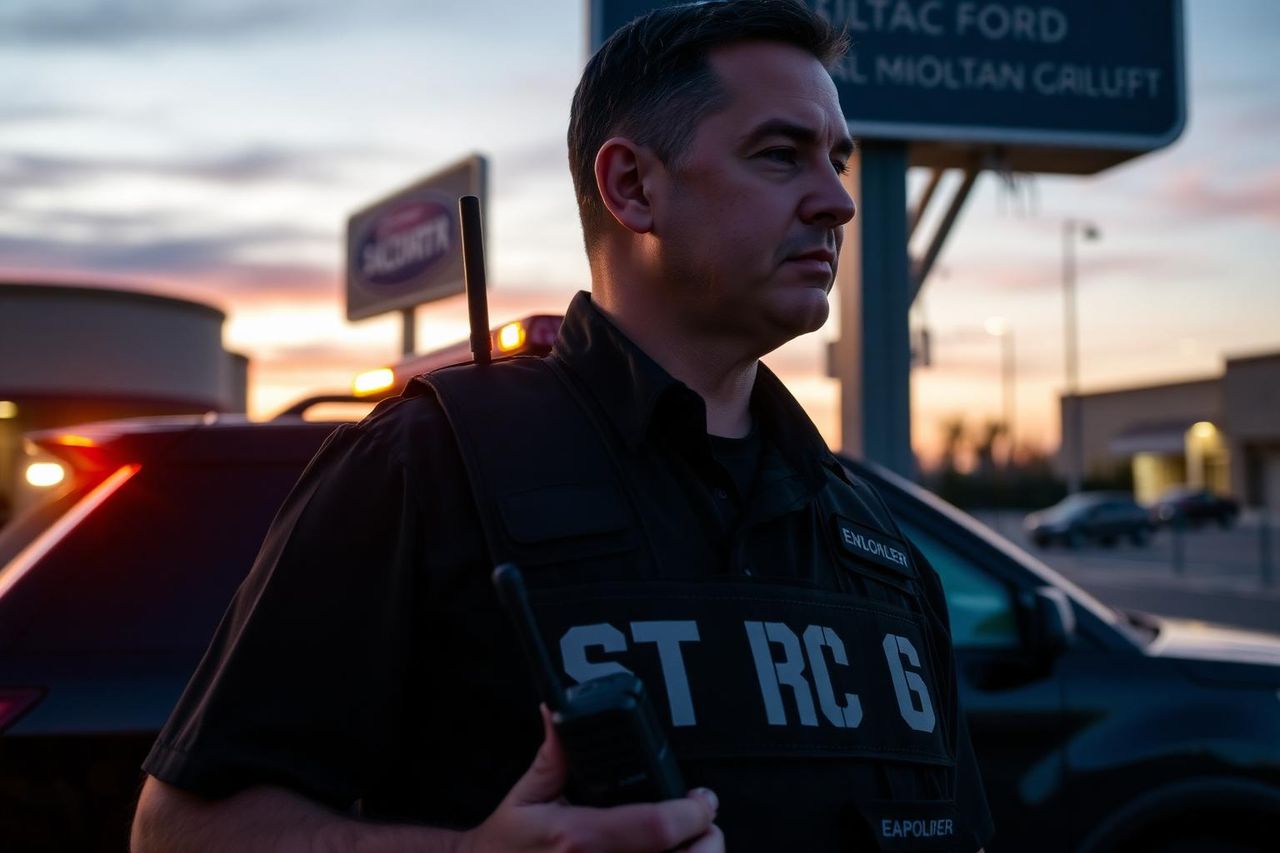24-hour on-site security officer at a Sacramento commercial property at dawn with radio in hand.