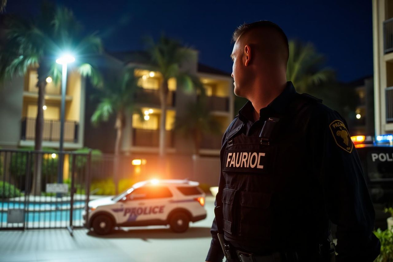 Private patrol officer walking a Sacramento apartment courtyard at night, marked patrol SUV in background.