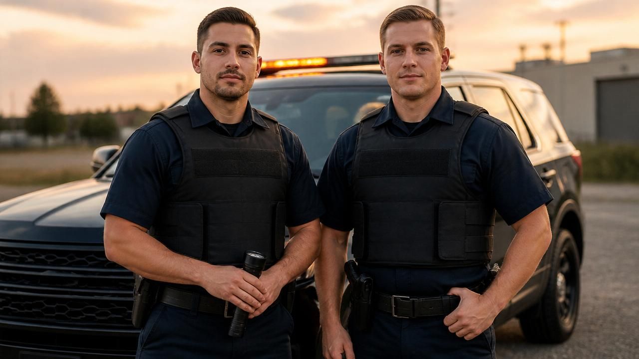 Sacramento private patrol guards side by side, one unarmed and one with holstered sidearm, at their patrol SUV.