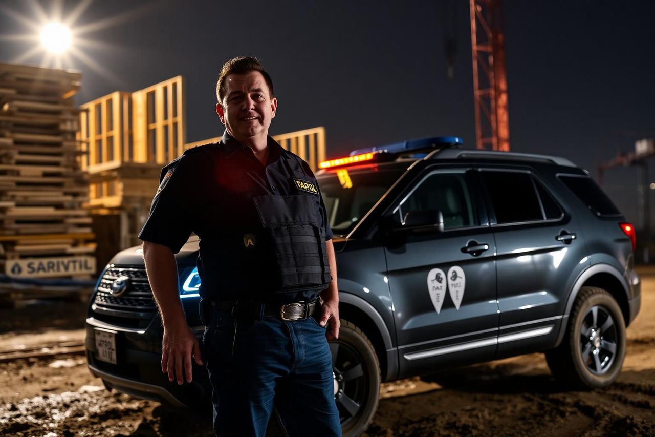 Sacramento construction site at night with a private patrol officer and marked SUV securing the perimeter.