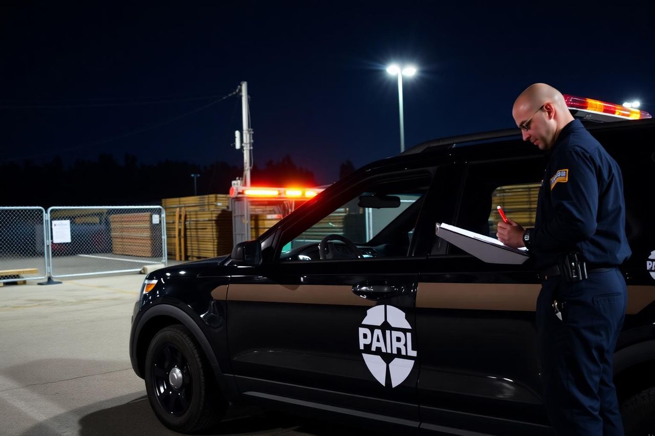 Marked patrol SUV parked at the gate of a Sacramento construction site at night with officer taking notes.