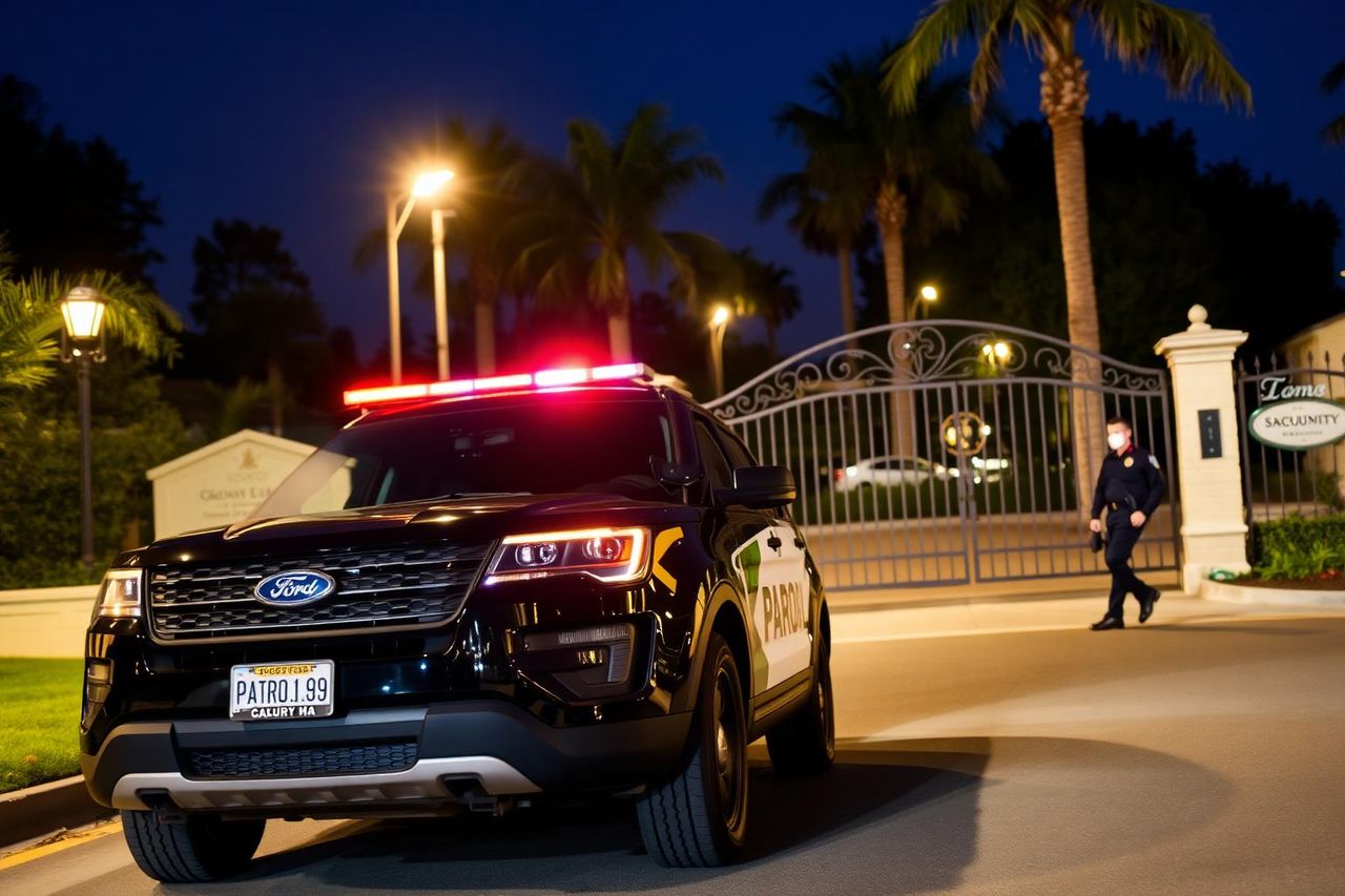 Marked patrol SUV parked at the ornamental gate of a Sacramento HOA gated community at night.