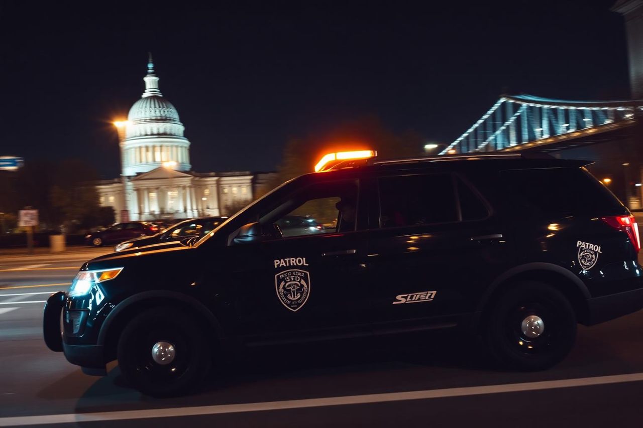 Marked patrol SUV driving downtown Sacramento at night with the State Capitol dome and Tower Bridge in view.