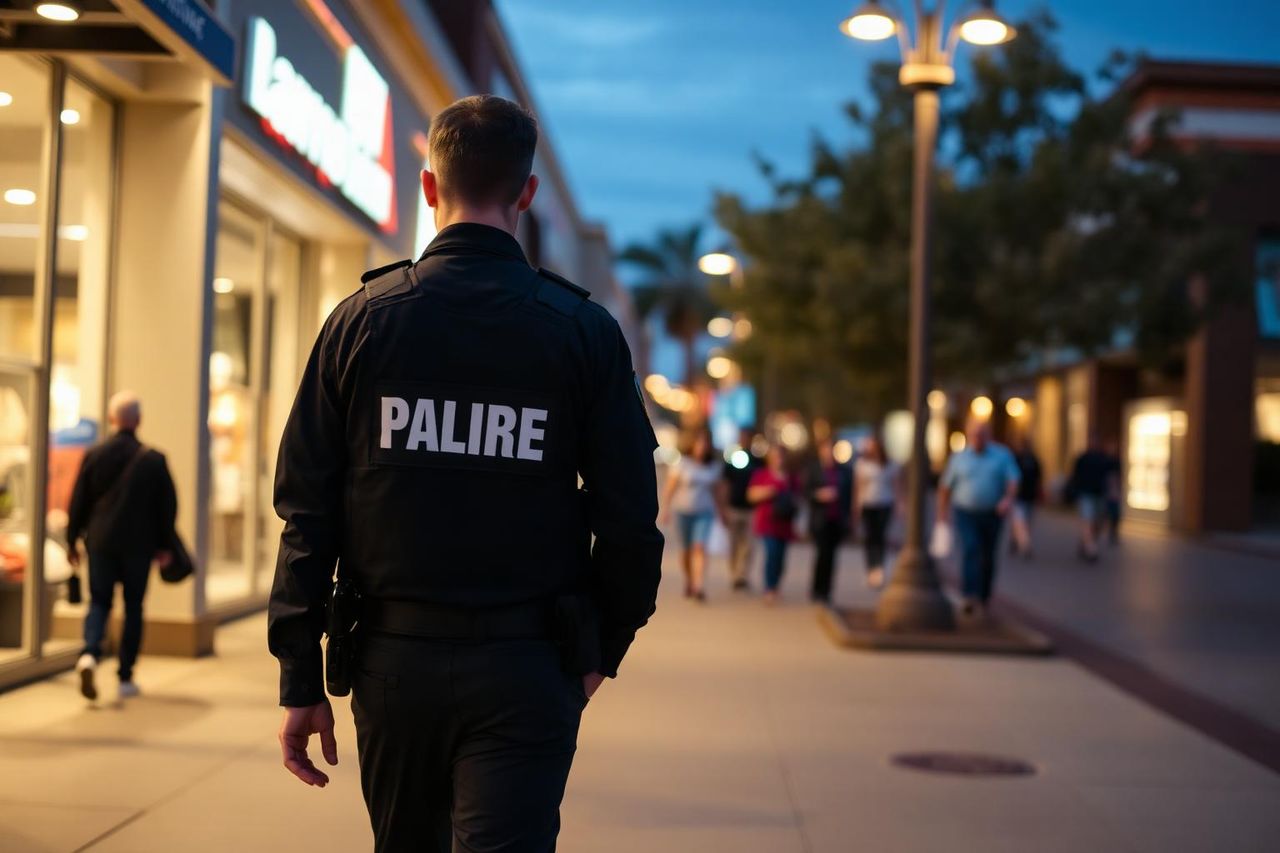 Retail security officer walking a Sacramento shopping plaza sidewalk at dusk.
