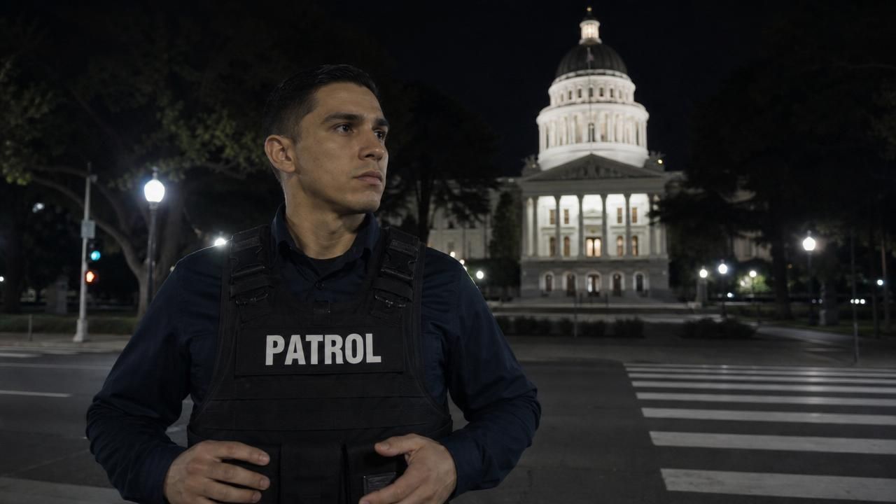 Security guard near me Sacramento — Stormhammer patrol officer in front of the California State Capitol dome at night, 10th & L Street, 95814