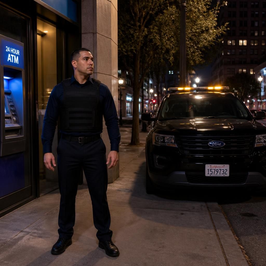 Bank ATM security patrol Sacramento — Stormhammer officer at ATM alcove after hours, Folsom Blvd, 95819