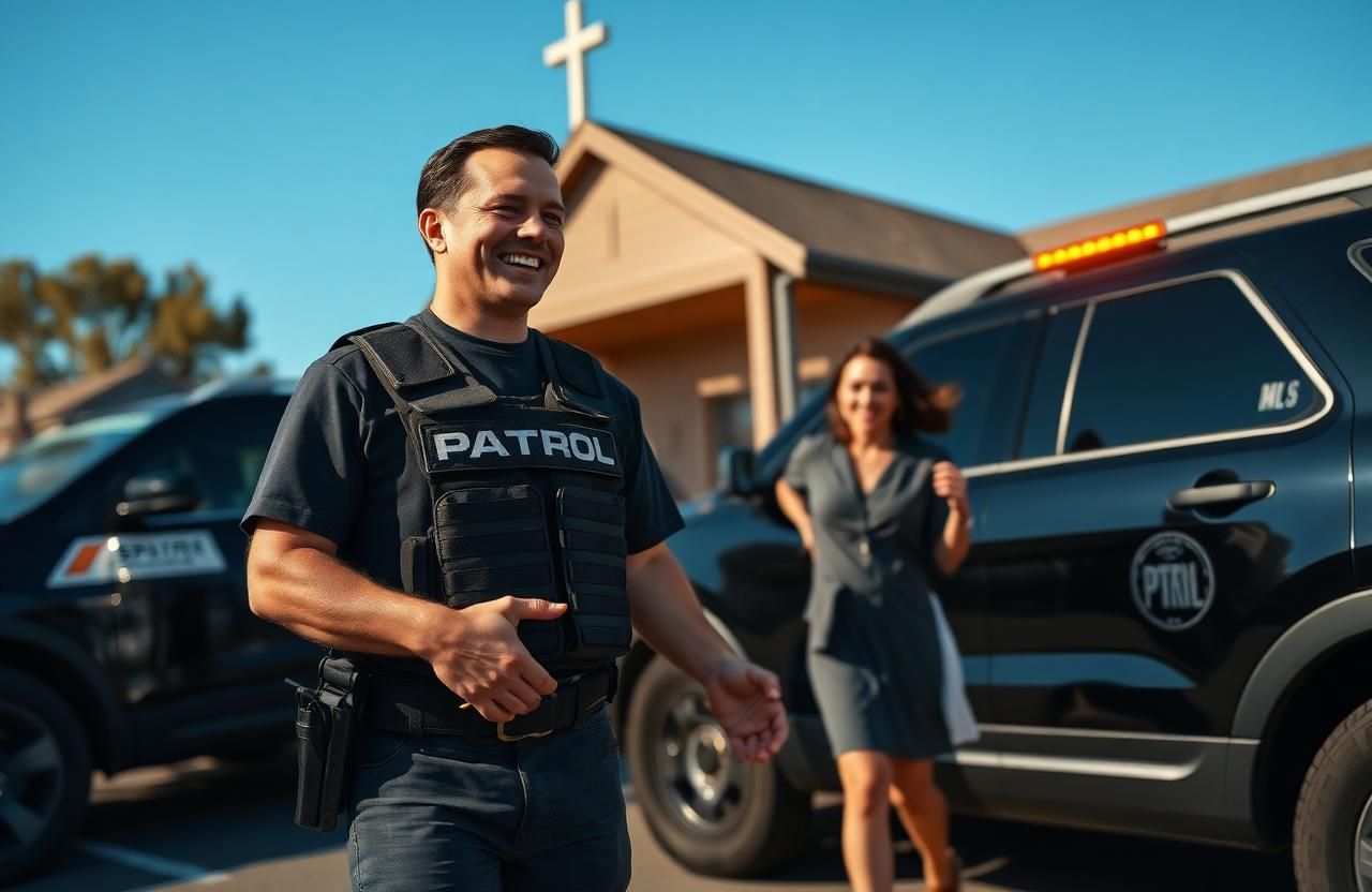 Church security guard Sacramento — Stormhammer officer greeting family at community church, Fulton Ave, 95825