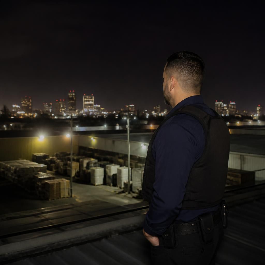 Copper theft prevention patrol Sacramento — Stormhammer officer inspecting rooftop HVAC lines, 95811