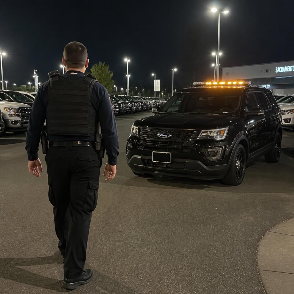Auto dealership security Sacramento — marked patrol SUV on Arden Way dealership lot at night, 95815