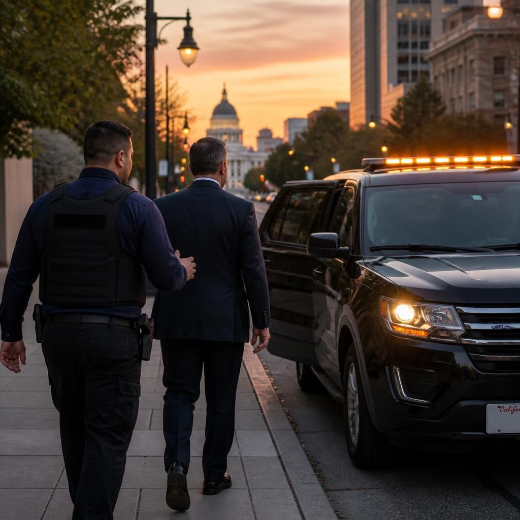 Executive protection security Sacramento — Stormhammer officer escorting client to patrol SUV downtown, 95814