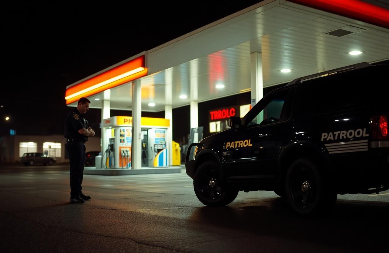 Gas station security patrol Sacramento — Stormhammer officer at 24-hour gas station canopy, Broadway, 95817