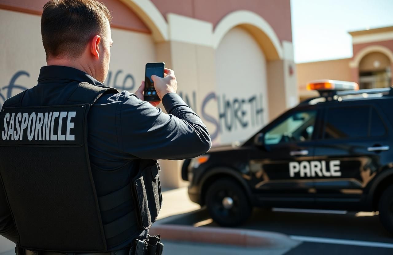 Graffiti vandalism patrol Sacramento — Stormhammer officer documenting graffiti at Franklin Blvd, 95820