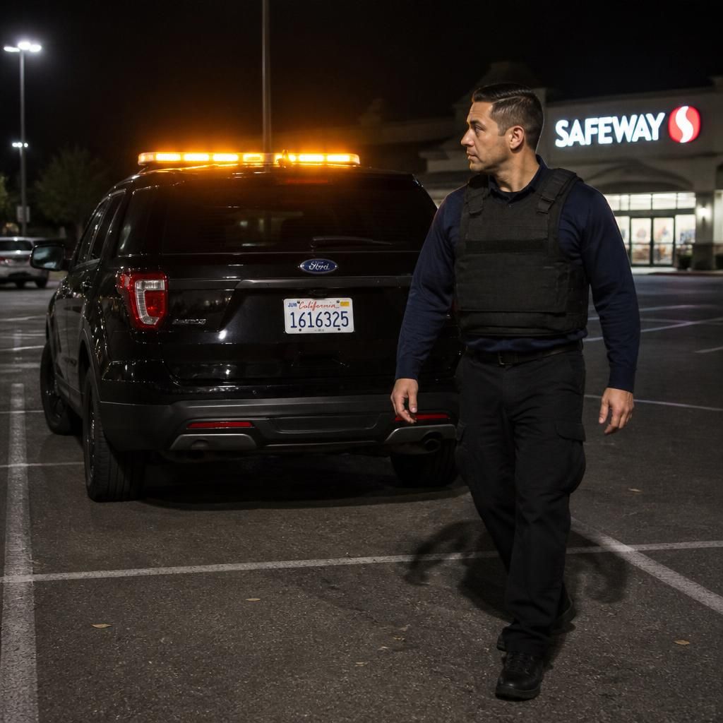Grocery store security patrol Sacramento — Stormhammer officer at grocery store cart lot, Freeport Blvd, 95818