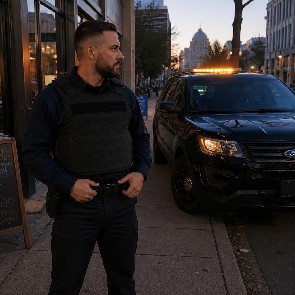 Hire a security guard near me Sacramento — Stormhammer patrol officer meeting K Street small business owner, 95814