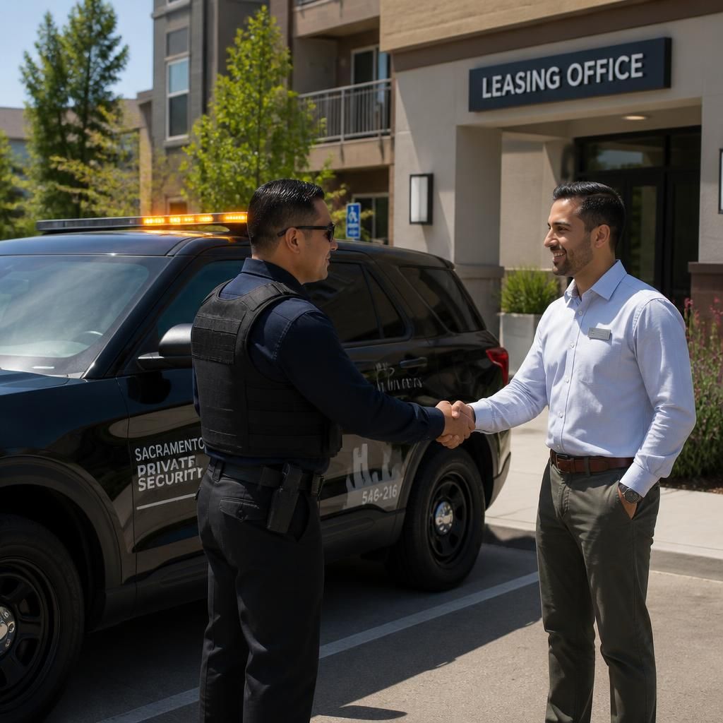 Apartment property manager security contract Sacramento — Stormhammer officer with Midtown property manager, 95816