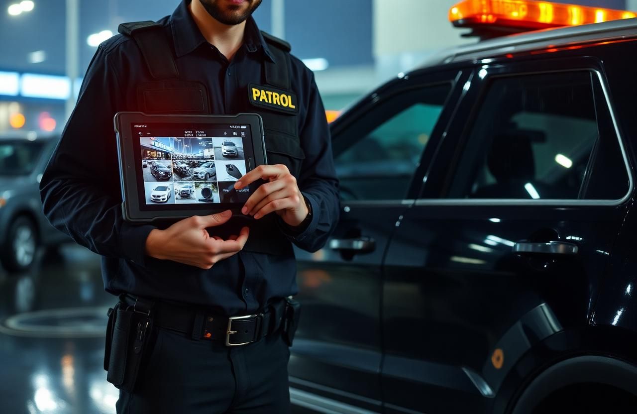 Remote video monitoring auto dealership Sacramento — Stormhammer officer with live camera tablet, Arden Way, 95815