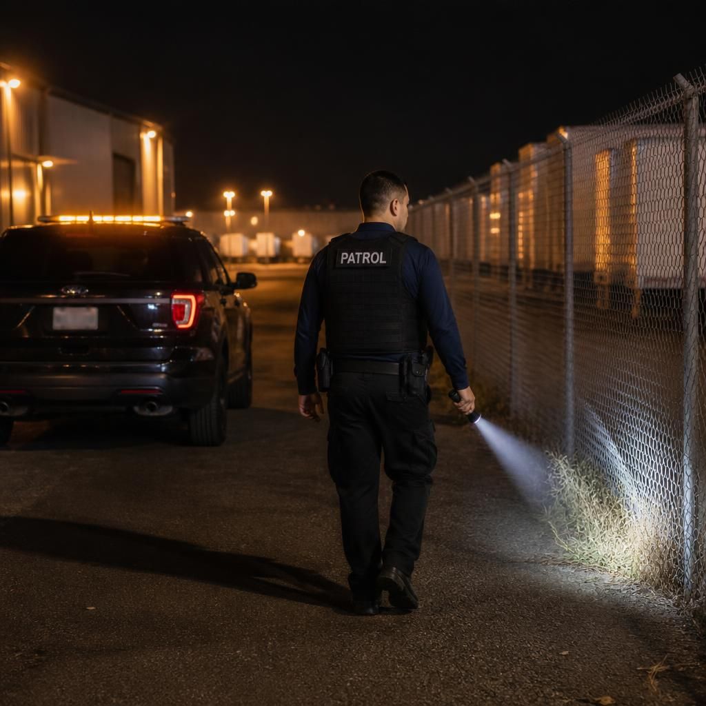 24 hour warehouse security Sacramento airport — Stormhammer officer fenceline sweep, Metro Air Parkway, 95837