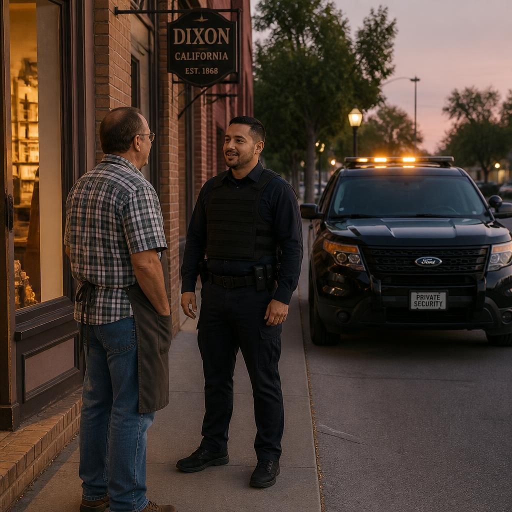 Small business security Dixon CA — Stormhammer officer with owner downtown, First Street, 95620