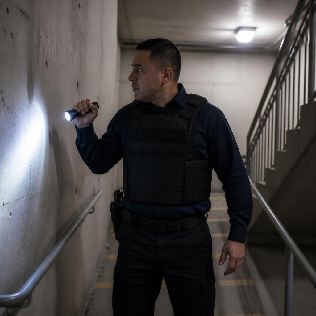 Parking garage security downtown Sacramento — Stormhammer officer stairwell sweep, Capitol Mall, 95814