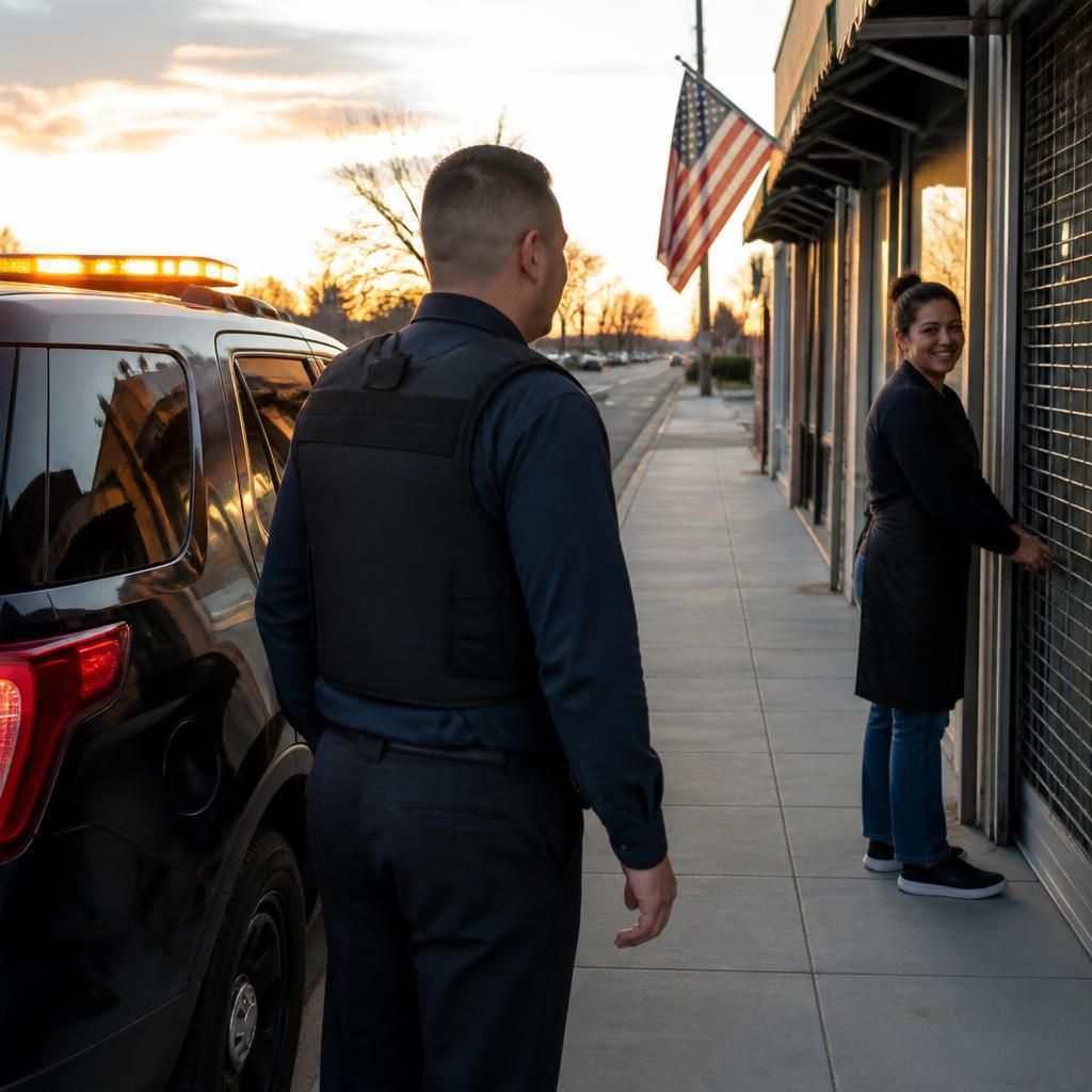 Small business security Freeport Boulevard Sacramento — Stormhammer officer with shop owner, 95818