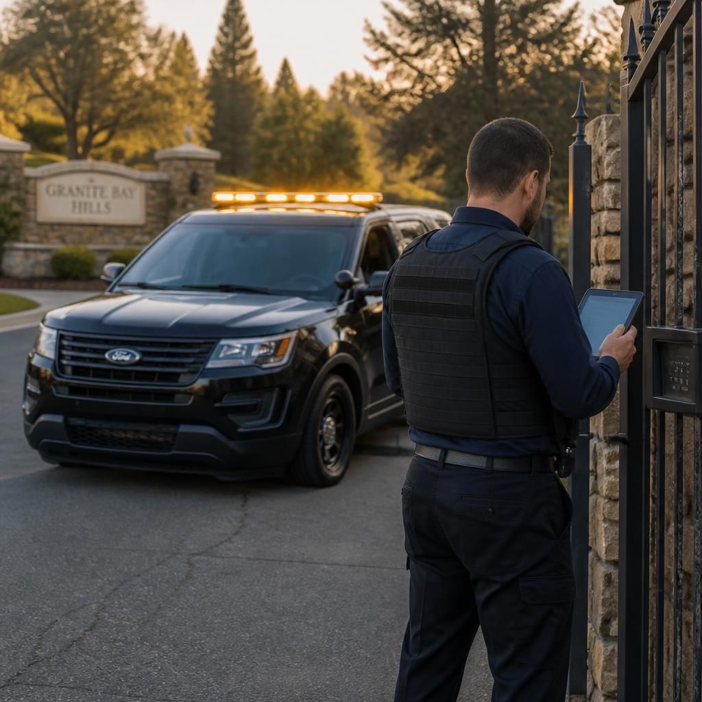 HOA gated community security Granite Bay — Stormhammer officer at gate, Auburn Folsom Road, 95746