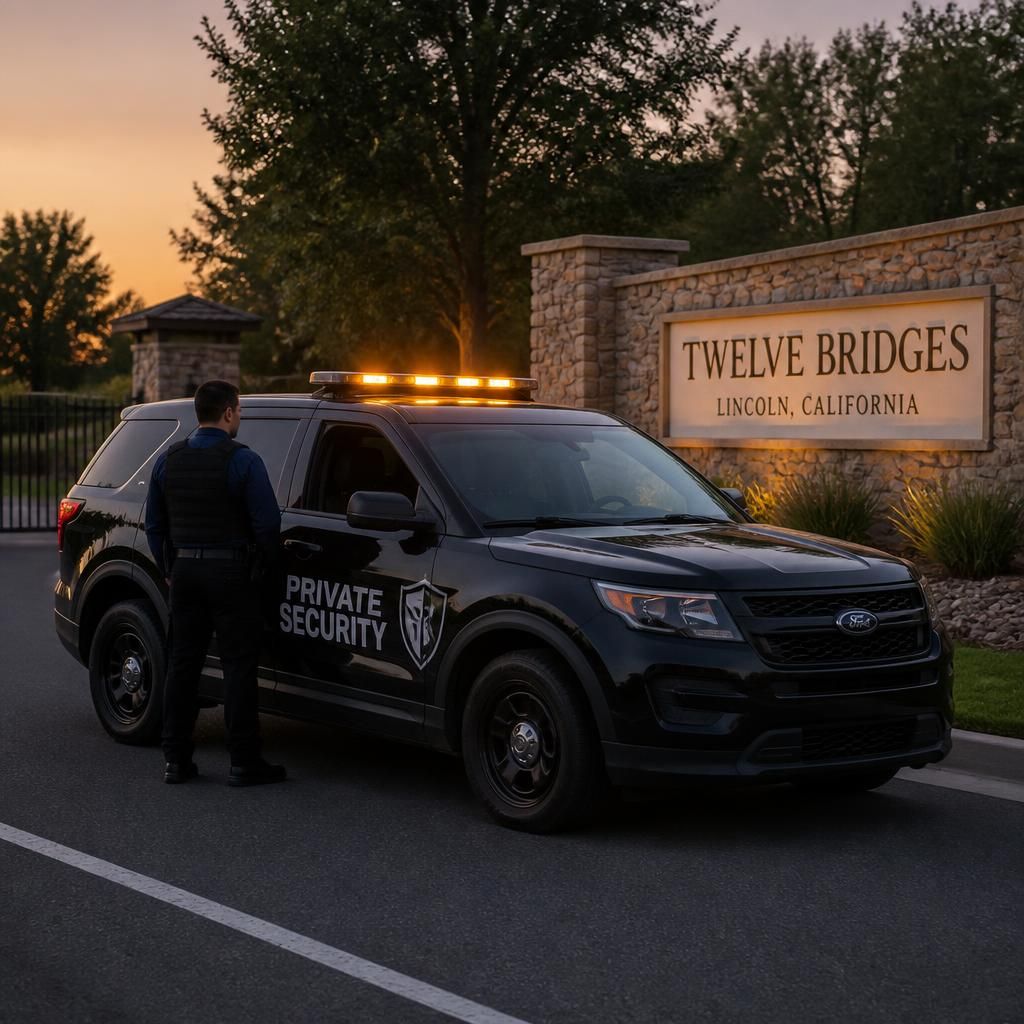 HOA gated community security Twelve Bridges Lincoln — Stormhammer SUV at entry, 95648