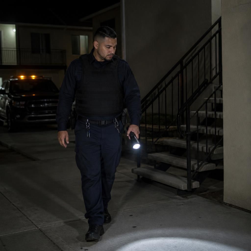 Apartment security patrol near me Oak Park Sacramento — Stormhammer officer at courtyard, Broadway, 95817