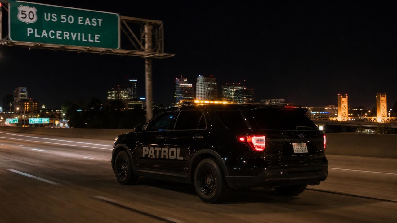 Mobile patrol near me Sacramento Highway 50 — Stormhammer SUV under US-50 East / Placerville freeway sign