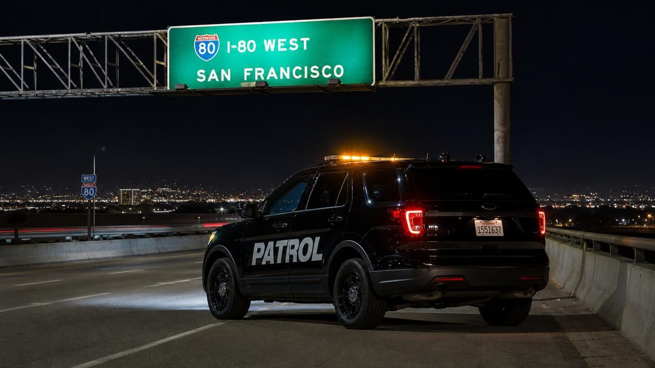 Mobile patrol near me Sacramento Interstate 80 — Stormhammer SUV under I-80 West / San Francisco freeway sign