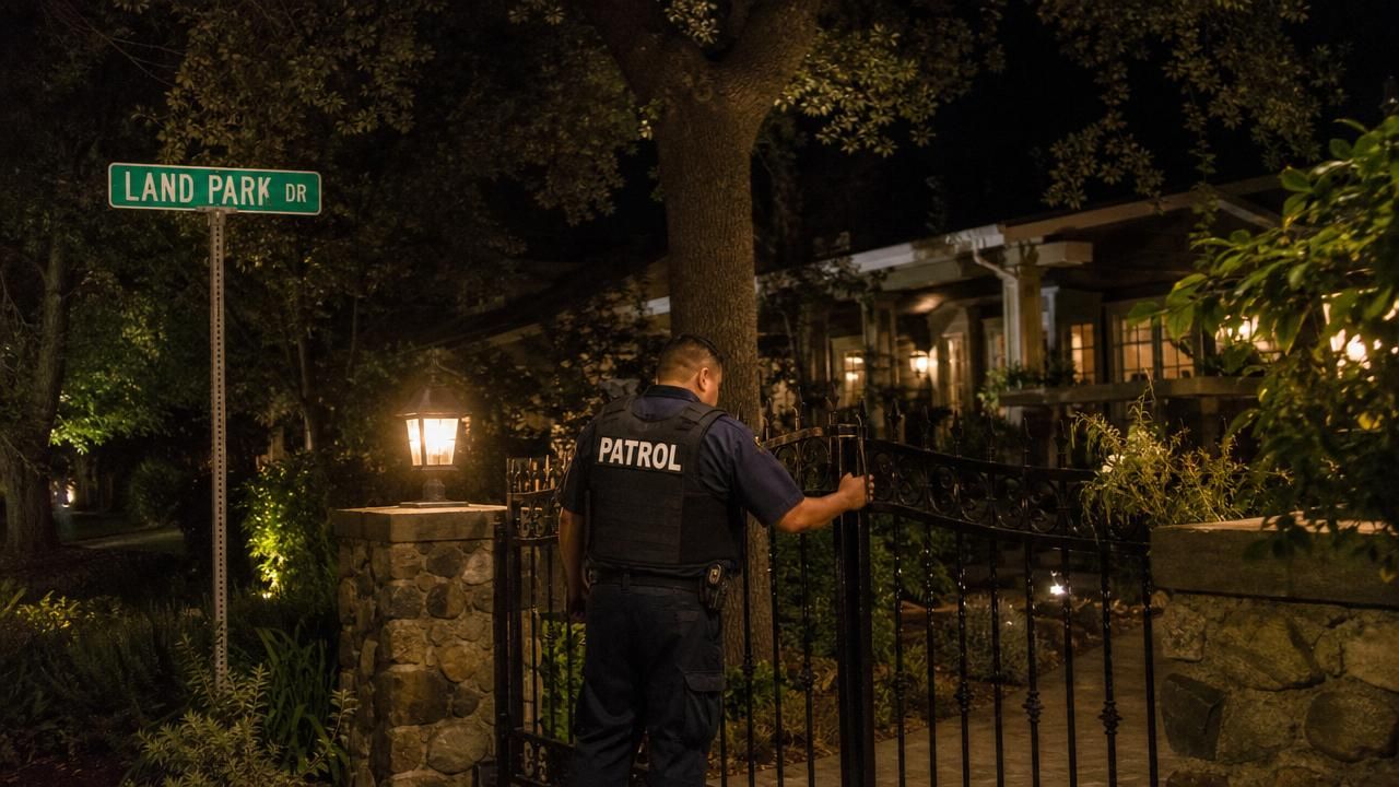 HOA security patrol near me Land Park Sacramento — Stormhammer officer at gate, Land Park Dr, 95818