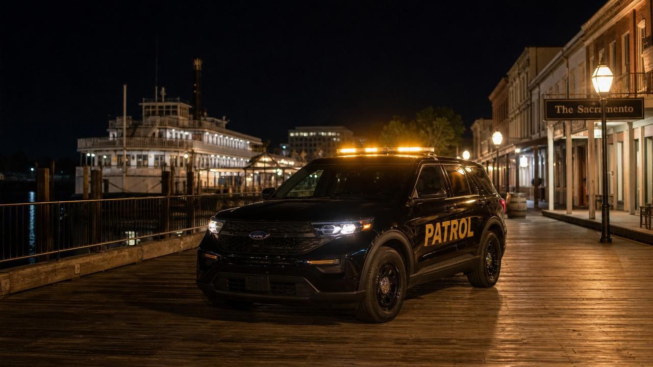 Drive-by patrol near me Sacramento — Stormhammer SUV on the downtown riverfront, Front Street, 95814