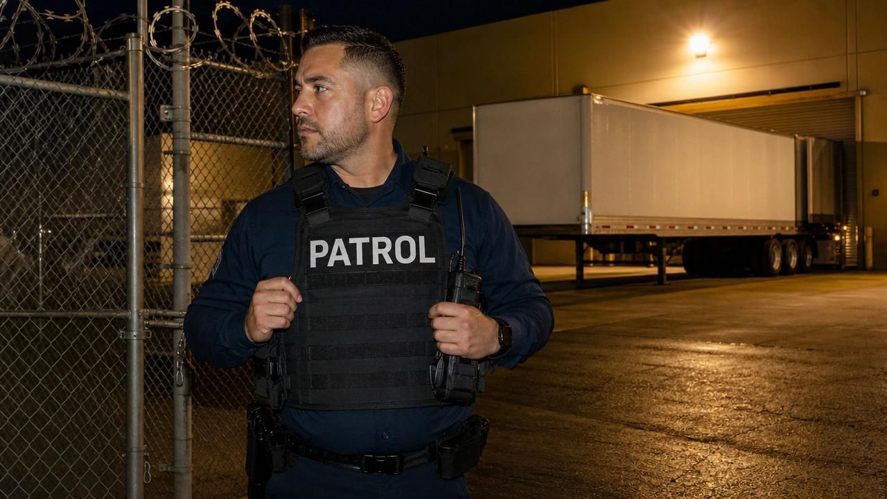 Warehouse security patrol near me West Sacramento — Stormhammer officer at loading dock, Industrial Blvd, 95691