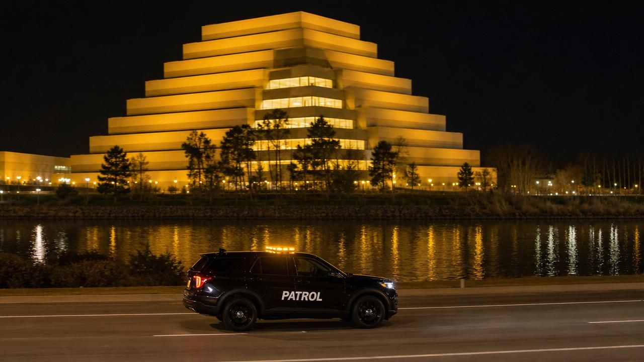 Drive by patrol near me West Sacramento — Stormhammer SUV past Ziggurat building, 3rd Street, 95605