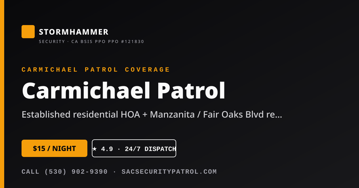 Stormhammer Security, Inc. marked patrol SUV on nightly security patrol tour in Carmichael