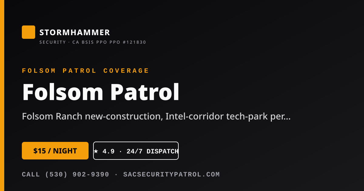Stormhammer Security, Inc. marked patrol SUV on nightly security guard tour in Folsom
