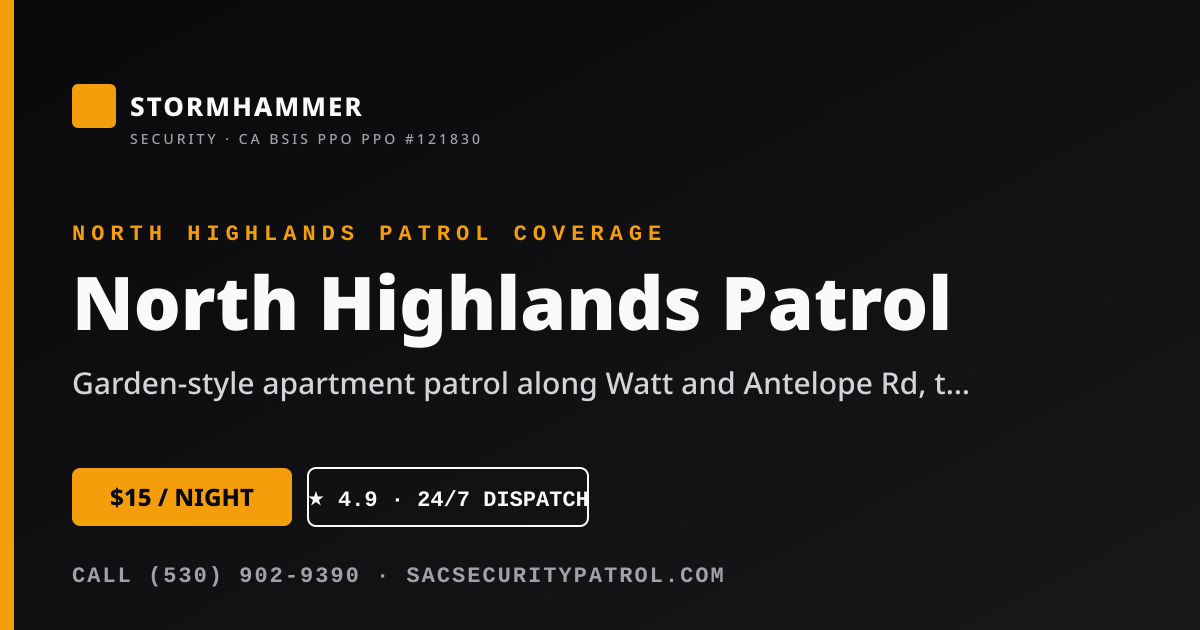 Stormhammer Security, Inc. marked patrol SUV on nightly security patrol tour in North Highlands
