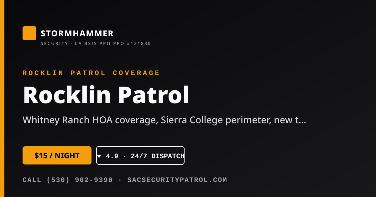 Stormhammer Security, Inc. marked patrol SUV on nightly security guard tour in Rocklin